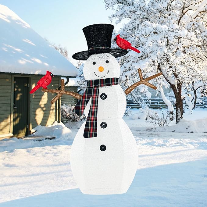 Tangkula 4.2 FT Lighted Christmas Snowman with Redbirds, Pre-Lit Snowman Ornament Christmas Decoration with Cold White LED Lights, Stakes, Outside Xmas Yard Decor, Xmas Indoor Outdoor Holiday Decor