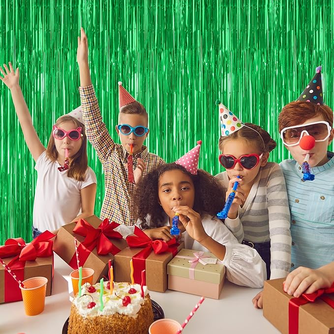 4 Pack Green Streamers, 3.28 FT x 7.05 FT Birthday Tinsel Backdrop, Metallic Foil Fringe Curtains Photo Booth Backdrop, Green Jungle Theme Decorations Birthday Decor