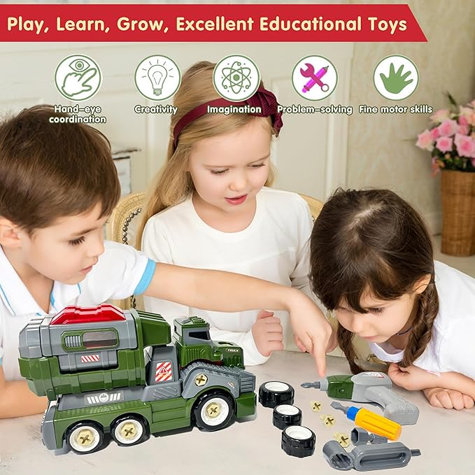11inches Large Take Apart Toys Army Trucks for Boys Girls Kids 3-5 6-8 Year Old Military Missile Vehicles Electric Drill Set Assembly Toy Gifts