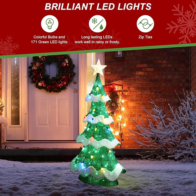 Glitzhome 56.25" H Lighted Christmas 3D Mesh Tree, Outdoor Decor with Colorful Long-Lasting Bulbs Holiday Lawn Ornament Yard Decoration Outdoor and Indoor use Long Lasting, 171 Green LED Lights