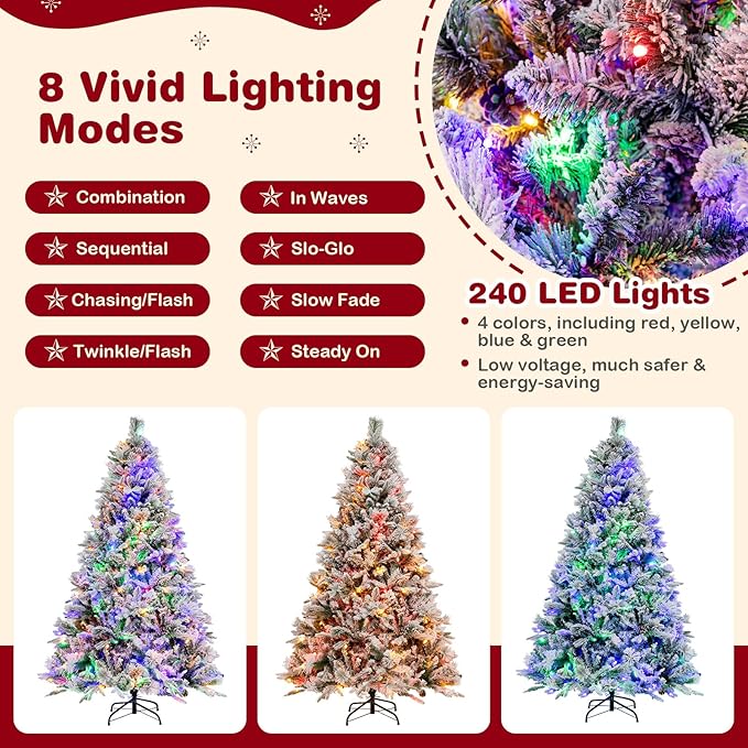 GOFLAME 6 FT Artificial Christmas Tree with Pine Needles, Snow Flocked Xmas Tree with 850 PE & PVC Branch Tips, 240 LED Lights & 34 Pine Cones, Hinged Decoration Tree with 8 Lighting Modes