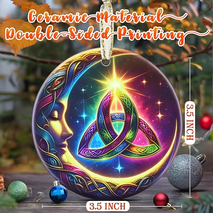 3.5 Inch Ceramic Christmas Tree Ornament, Moon Celtic Christmas Ornaments, Heirloom Keepsake, Gift Exchange, Gift Idea, Bauble Present