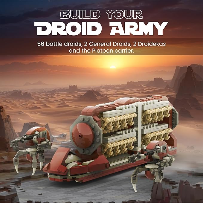 58-Piece Battle Droid Platoon Carrier Attack Craft with 2 Droideka, Building Blocks Compatible with Major Brands, Battle Soldiers Action Figures with Weapons, Clone Army Building Kit for Star Fans