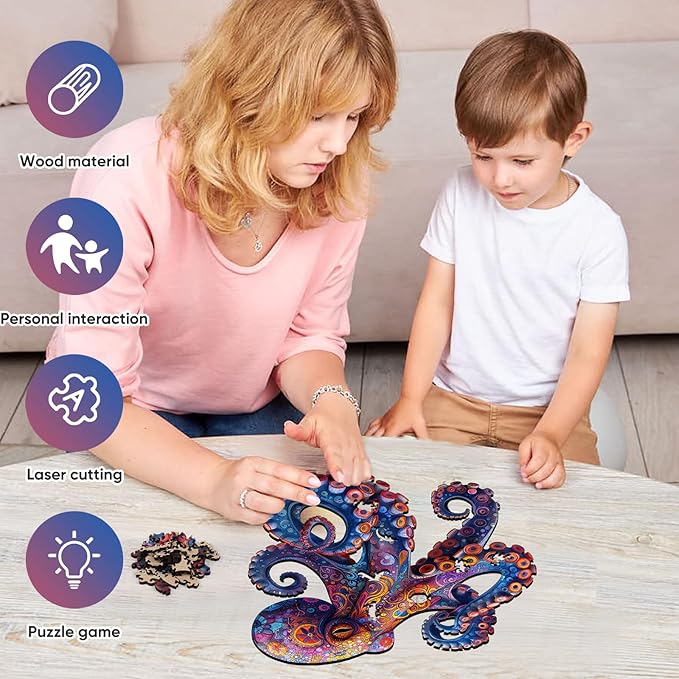 Octopus Puzzles for Adults, 5MM Thick Wooden Jigsaw Puzzles 200 Pieces, Unique Shape Puzzle Ocean Wood Puzzles for Adults and Kids Birthday Gifts Family Game 11.2 * 11.2inch