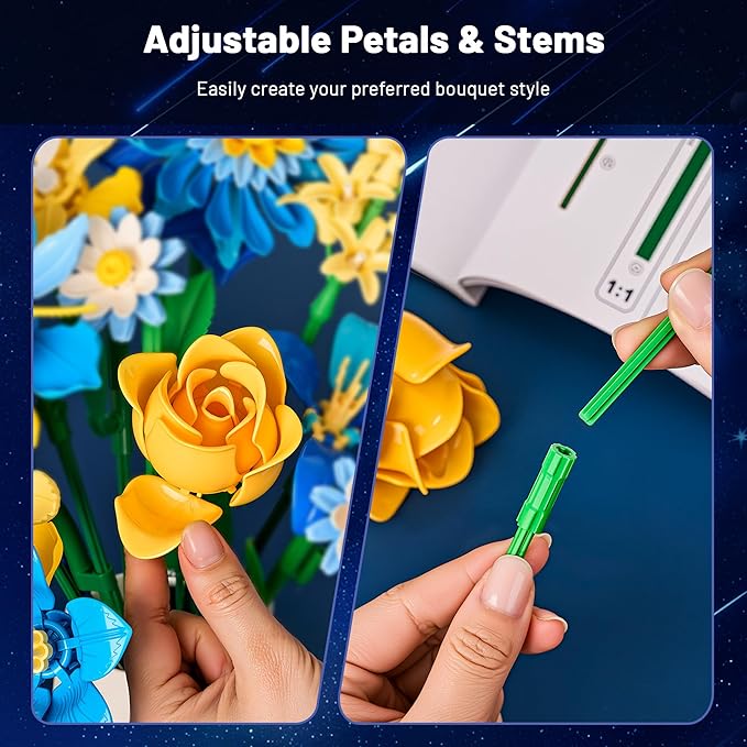 Starry Blooms Flowers Bouquet Building Set for Adults, Artificial Flower Compatible with Lego Botanical Collection, Gift for Christmas Thanksgiving Mother's Valentine's Day, Home Office Decor