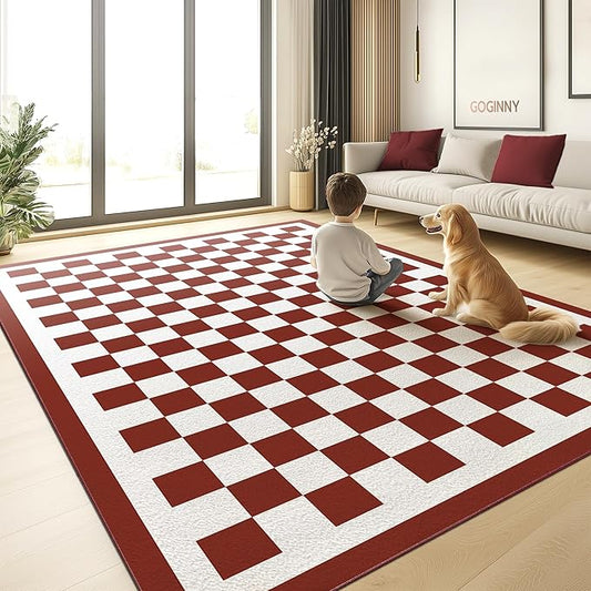 Washable 4x6 Checkered Area Rug for Living Room, Dark Red Checkerboard Modern Boho Large Rugs, Ultra Thin Low Pile Lightweight Indoor Carpet with Non-Slip Backing for Bedroom Kids Nursery Play Room