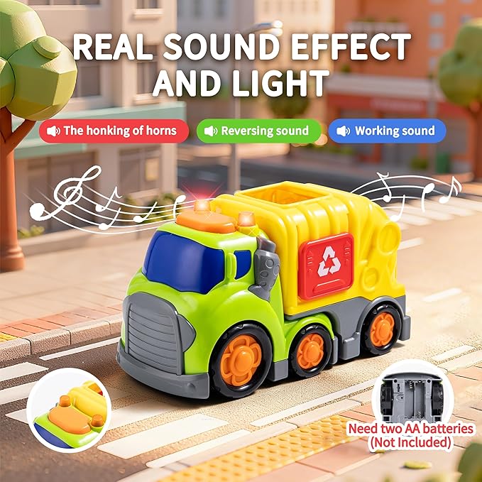 P&C 7.5" Toddlers Garbage Truck Toys for Ages 2-4, City Vehicle Trash Truck Car Set with Sounds and Lights for Kids 18M+, 2, 3, 4 Year Old, Ideal Birthday Christmas Gifts for Boys Girls