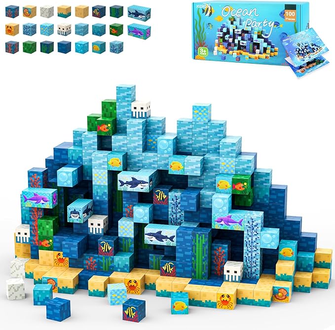 100 PCS Magnetic Blocks for Kids Ages 3 4 5 6 7 8 9 10, STEM Sensory Ocean Magnetic Toys, Christmas Birthday Gifts for Toddlers Boys & Girls