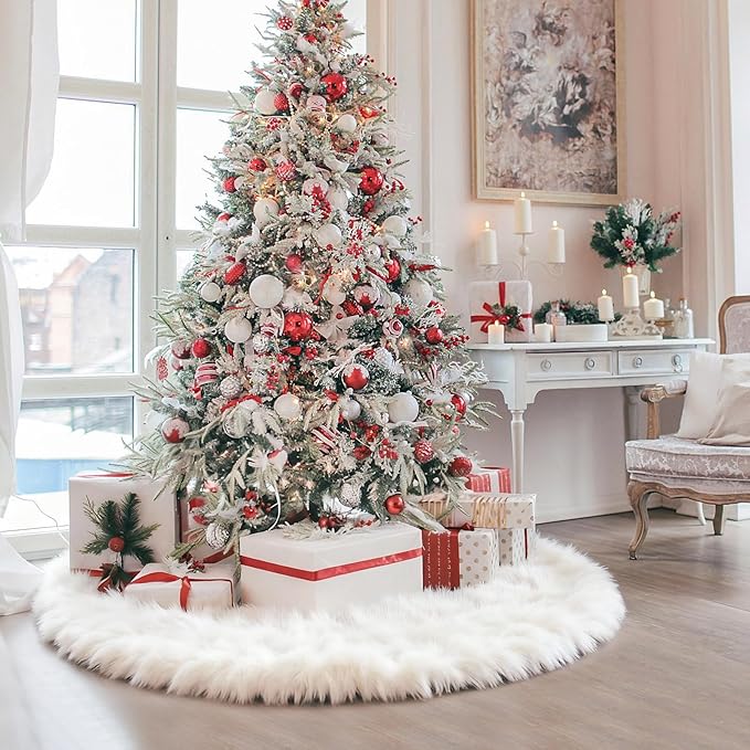 iMucci 60Inch Wool Fur Christmas Tree Skirt 2024 Update Extra Large Tree Skirt Plush White Christmas Tree Skirt for Christmas New Year Holiday Xmas Home Party Decor