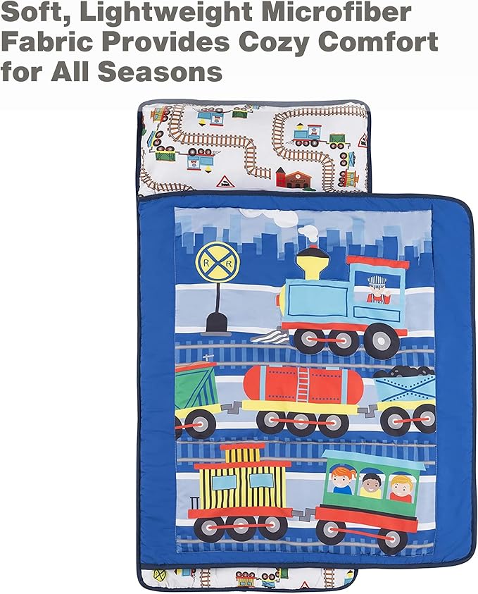 EVERYDAY KIDS Toddler Nap Mat with Removable Pillow -Choo Choo Train- Carry Handle with Fastening Straps Closure, Rollup Design, Soft Microfiber for Preschool, Daycare, Sleeping Bag - Ages 2-6 Years