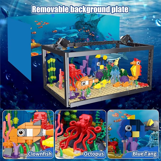 8 in 1 Fish Tank Building Sets, Marine Aquarium Building Block with LED Light Party Favors 9 Model Toy Including Shark Octopus Crab, Christmas Birthday Gifts for Boys Girls Kids Ages 6 8 10 12+