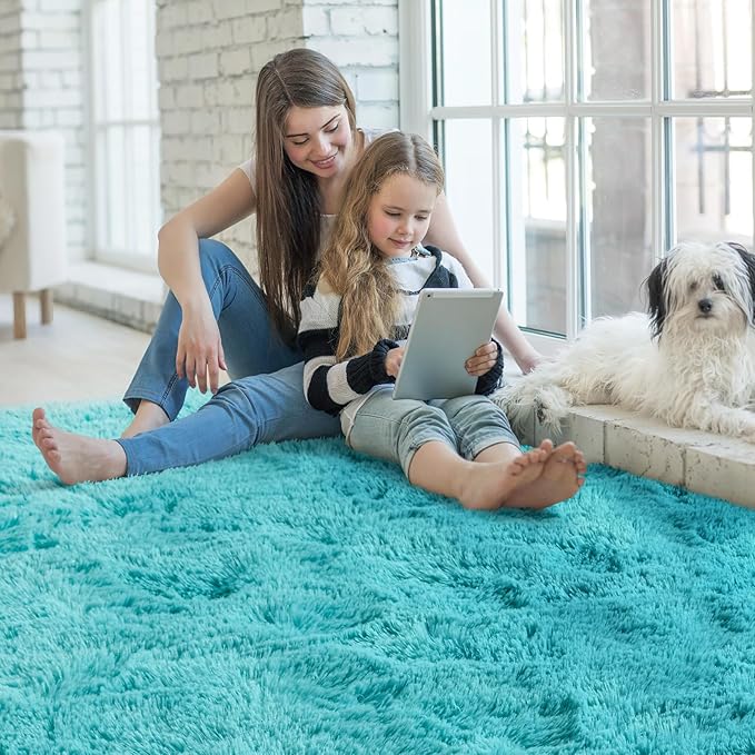 Ompaa Teal Blue 9x12 Area Rugs Large Fluffy Living Room Carpet for Bedroom Dorm, Non-Slip High Pile, Modern Big Shag Rug for Classroom Kids Playroom Nursery Home Office Decor