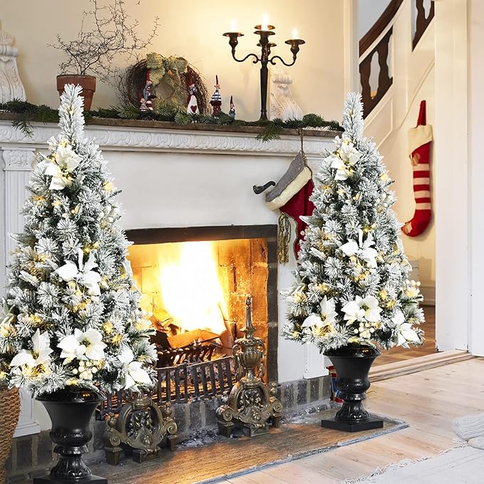 Goplus 4ft Flocked White Christmas Tree for Entrances, 2 Pack Pre-lit Artificial Xmas Tree w/Warm White 100 LED Lights, Flowers & White Berries in Black Urn Base, Porch Festival Holiday Decoration