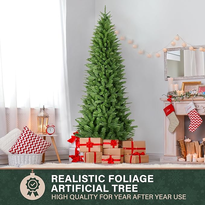 Fraser Hill Farm 7.5-Ft. Winter Falls Slim Artificial Christmas Tree with Stand and No Lights, Unlit Foldable Christmas Tree with Realistic Foliage for Home Decoration