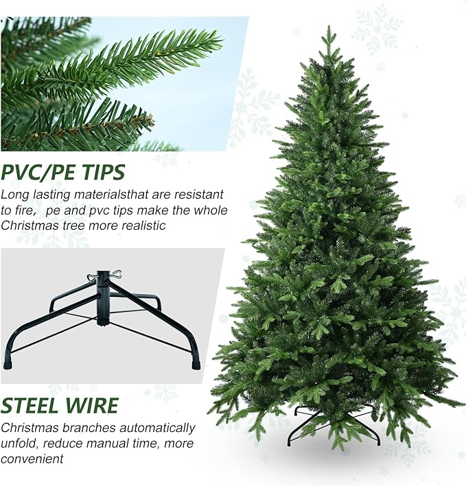 6FT Artificial Christmas Tree with 1413 PE&PVC Mixed Branch Tips, Unlit Hinged Premium Spruce Fake Xmas Trees, Green, Foldable Base