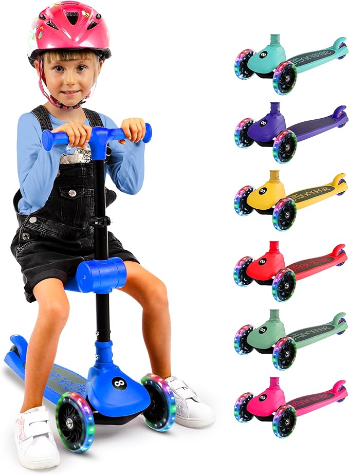 SereneLife 3 Wheel Foldable Kids Scooter - Foldable Seat, LED Wheel Lights, Adjustable Handlebar, Rear Foot Brake, Lean-to-Steer, Anti-Slip Deck, Ideal for Toddlers Kids 3+, up to 110Lbs