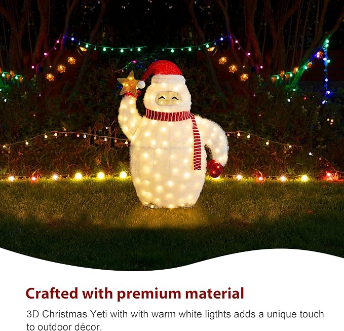 Glitzhome 3.5FT Lighted Christmas Snow Monster Decor, Large White Outdoor 3D Christmas Holiday Fabric Yeti Decoration w/ 130 LED Lights, for Xmas Lighted Holiday Display Indoor Outdoor
