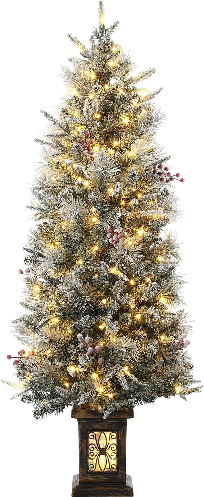 Garvee Pre-lit Artificial Christmas Tree with Warm White Lights, Snow Flocked Full Christmas Tree 4.5 ft with 8 Light-Modes, Pre Lighted Xmas Tree W/386 Branch Tips, 200 Light & Antique Urn Base,1 PCS