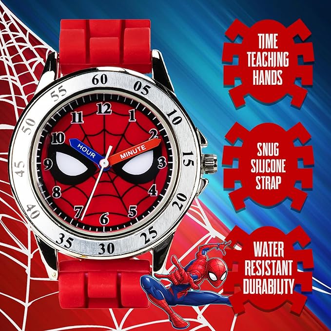 Accutime Spiderman Time Teacher Watch for Kids - Red Silicone Strap, Easy-to-Read Dial, Water Resistant, with Special Tin