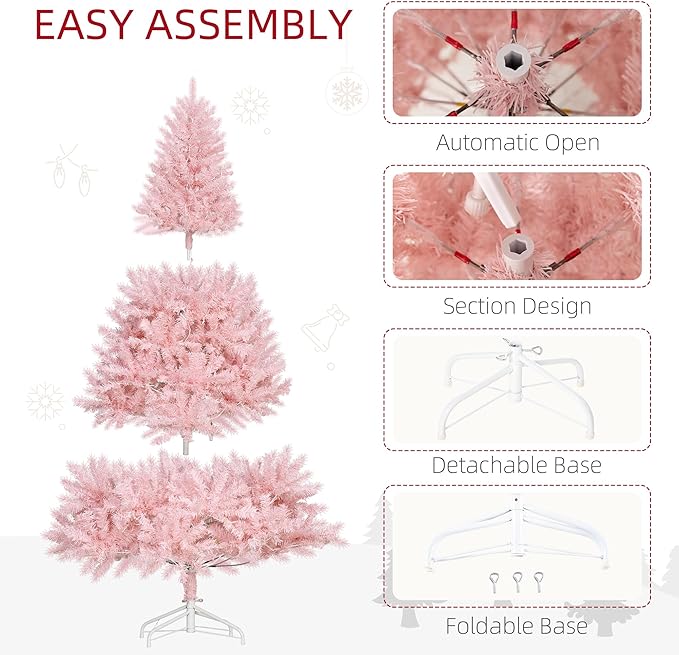 HOMCOM 6' Tall Prelit Christmas Tree Douglas Fir Artificial Christmas Tree with Realistic Branches, 250 Warm White LED Lights and 1000 Tips, Pink