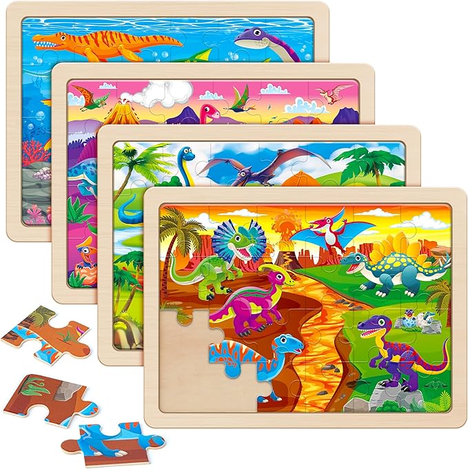 SYNARRY Large Wooden Dinosaur Puzzles for Toddlers 3-5, Wood Dino Puzzles for Kids Ages 4-6, Dinosaur Toys for Kids 3-5, Preschool Educational Children Learning Gifts for 3 4 5 Year Old Boys Girls