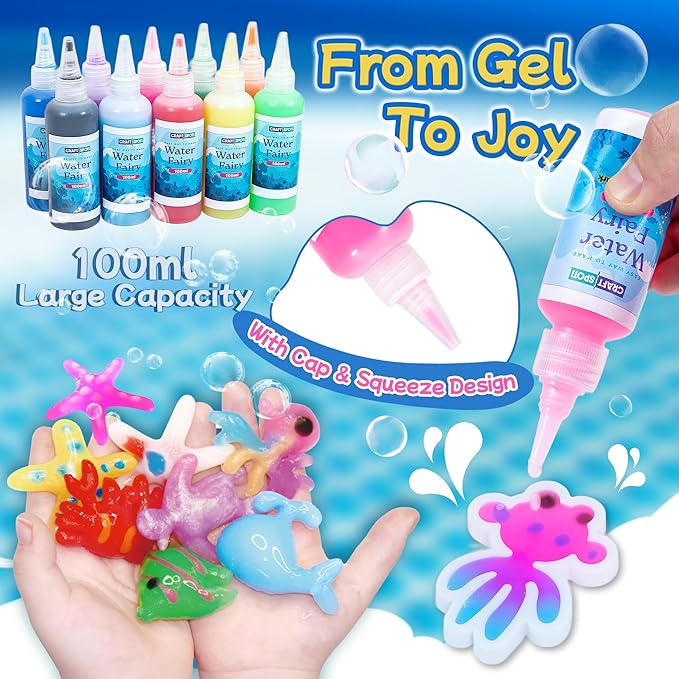 Make 200+ Water Animal, Magic Glow-in-The-Dark Gel Fairy Toy Kit, Aqua DIY Water Squishy kit with 18 Shape Molds,100ml Gels,10 Magic Powder,Birthday Gift, Arts Crafts STEM Kit for Kids