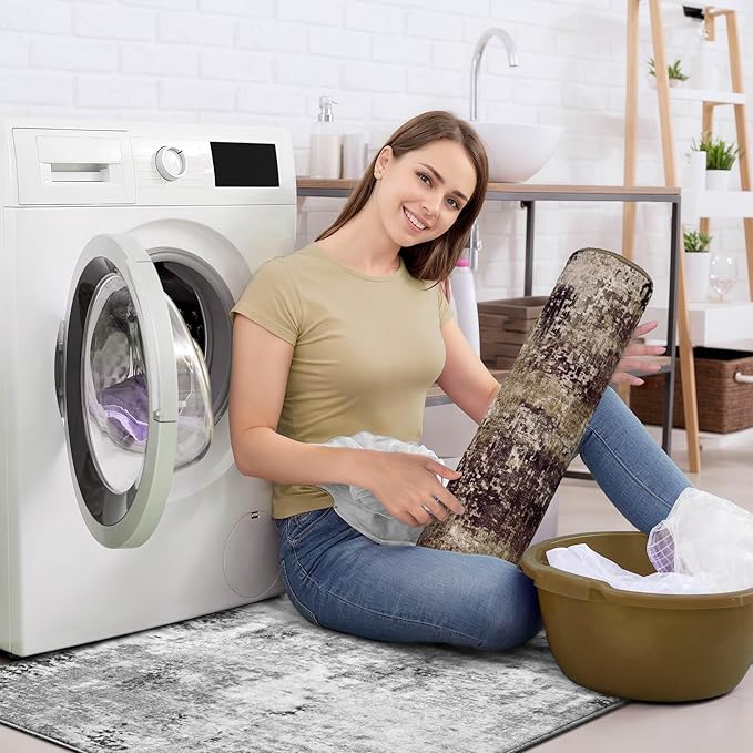 Ompaa Living Room Rug 6x9 Brown Area Rug Machine Washable Boho Coffee Rug Non Slip Abstract Vintage Indoor Large Rugs for Bedroom, Classroom, College Dorm, Farmhouse, Dining Room, Kids Playroom