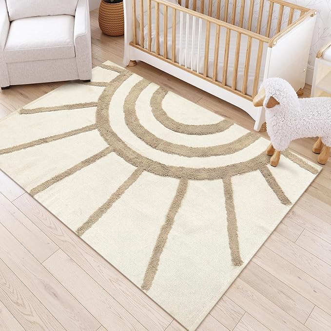 OJIA Boho 4'X6' Washable Rug, Cotton Tan Bedroom Rug Bohemian Area Rugs for Living Room/Kids Room, Tufted Sun Rug Nursery Rug Modern Farmhouse Floor Carpet for Bedside/Dorm