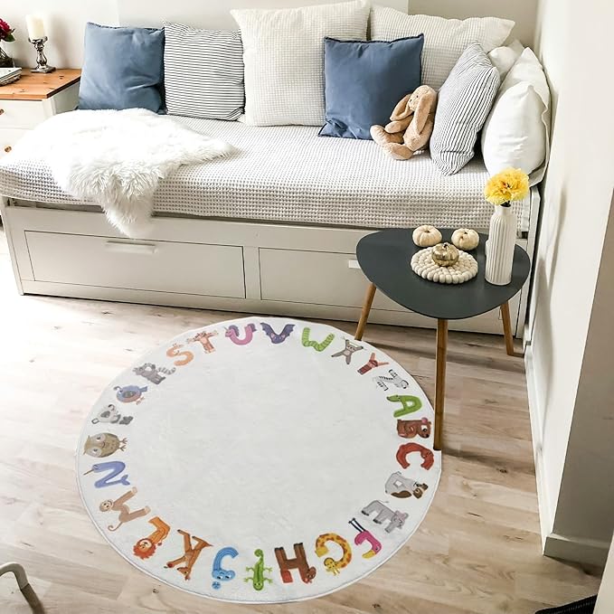 ABC 4ft Round Kids Play Rug - Soft Crawling Mat, Non Slip Alphabet Educational Rug for Toddlers, Baby, Nursery, Playroom, Classroom, Bedroom Decor