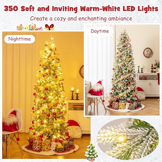 Goplus 7.5 FT Pre-Lit Pencil Christmas Tree, Artificial Snow Flocked Hinged Fake Slim Xmas Tree with 350 Warm-White LED Lights, 913 Branch Tips, 75 Pine Cones, for Office Home Decoration