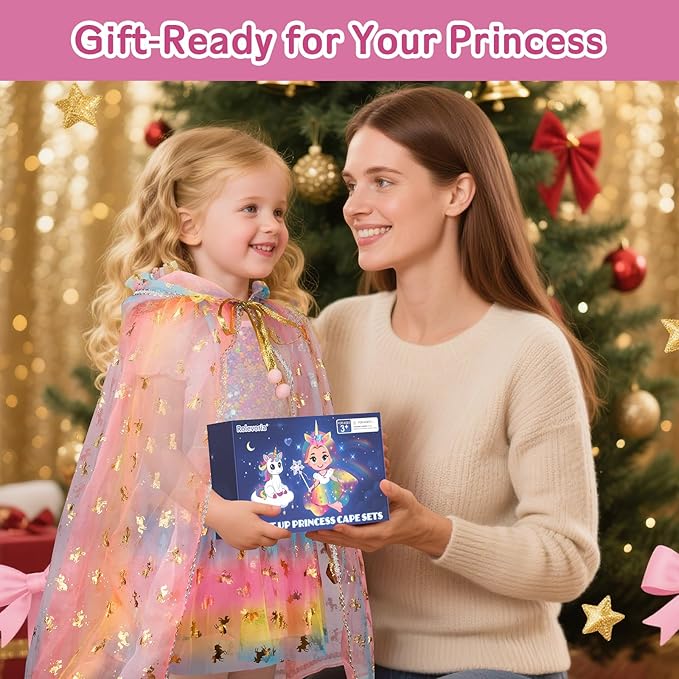 Princess Dress Up for Girls, Light Up Princess Costume Cape Set, Birthday Gifts Toys for Girls 3 4 5 6 Years Old