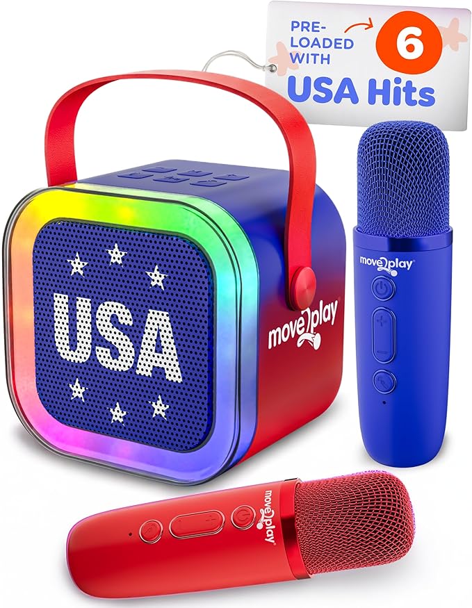 Move2Play, USA Karaoke Machine for Kids | Includes 20+ American Songs | 2 Microphones | Connect with Bluetooth for 3, 4, 5, 6, 7+ Year Olds | Toy for Girls & Boys | Super Bowl