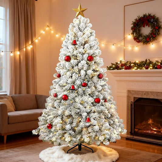 6ft Per-Lit Snow Flocked Christmas Tree, Artificial Christmas Tree with 300 Warm White Lights,779 Branch Tips, Premium Green Full Xmas Tree for Easy Holiday Setup, Foldable Metal Base