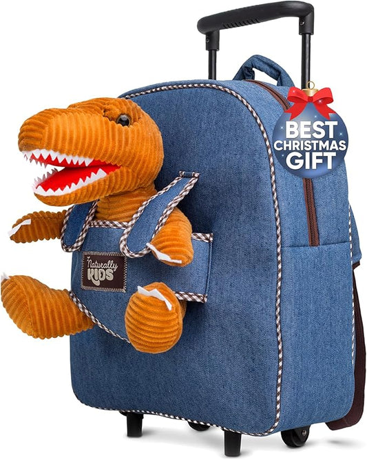 Toddler Luggage for Boys w Dinosaur Toys, Kids Rolling Backpack for Boys, Toddler Suitcase, Gifts for 3 4 5 6 Year Old