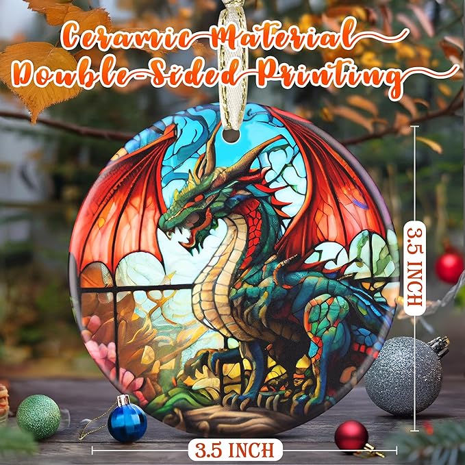 3.5 Inch Ceramic Christmas Tree Ornament, Flying Dragon Christmas Ornaments, Heirloom Keepsake, Gift Exchange, Gift Idea, Bauble Present
