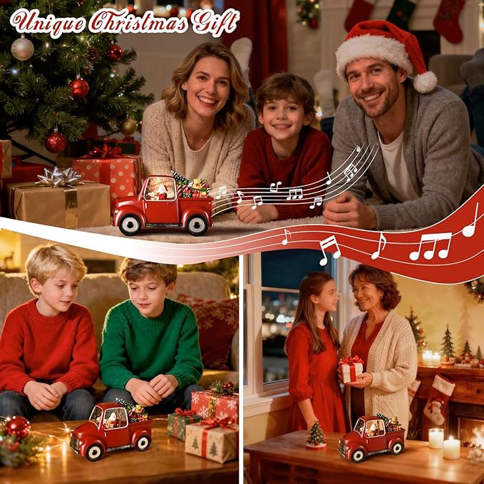 Musical Red Truck Snow Globe with Swirling Glitter with Santa, Christmas Tree,Gifts,Bear,Small Train,Christmas Decoration
