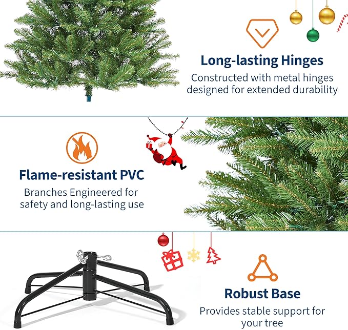 Garvee 9ft Artificial Christmas Tree Prelit, PVC Xmas Tree with 3357 Branch Tips, 900 Dual-Color LED Lights & Foldable Base, for Holiday, Party, Christmas Decorations, Green