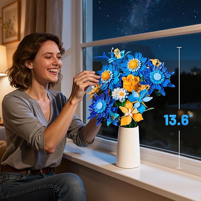 Starry Blooms Flowers Bouquet Building Set for Adults, Artificial Flower Compatible with Lego Botanical Collection, Gift for Christmas Thanksgiving Mother's Valentine's Day, Home Office Decor