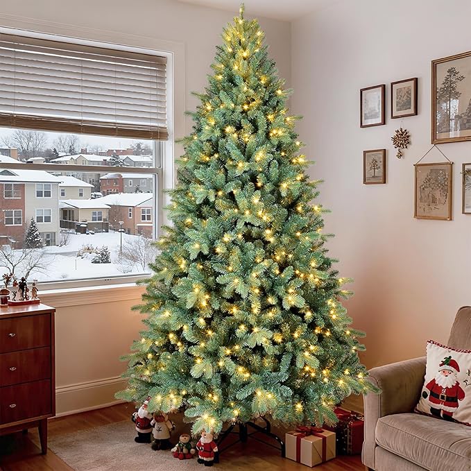 9 Ft Pre-Lit Artificial Christmas Tree, w/ 800 LED Warm Lights, 3268 PE&PVC Mixed Branch Tips, Faux Xmas Tree for Home, Office, Party Decoration, Easy Assembly, Metal Hinges & Foldable Base