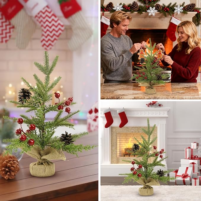 Mini Christmas Tree, 18.5 inch Tabletop Artificial Small Christmas Tree with Red Berries Pinecones Small Xmas Tree for Home, Dining Room, Office, Hotel, Party Desk, Table Top, Mantel