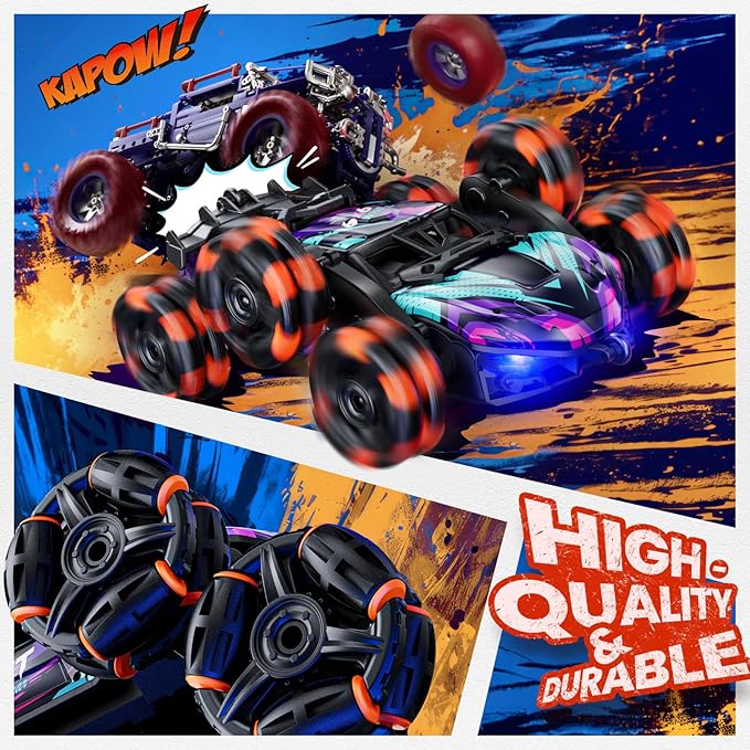 2370 Six-Wheel RC Stunt Car,6WD Cool Drift Remote Control Car,Double-Sided Driving,360° Flips Rotating,with Spray and Light Effects,Toys for Ages 8-13 Kids,Ideal Gift for Boys and Girls