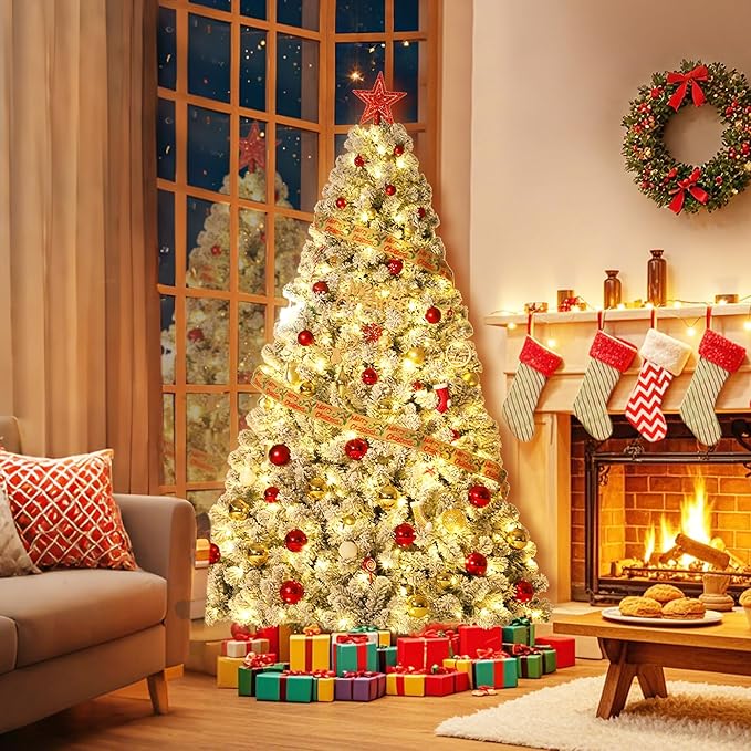 7.5FT Artificial Christmas Tree with Lights, Pre-Lit Tree, Built-in 900 Warm White LED Lights, Pure PVC Material, Indoor Holiday Home Decor