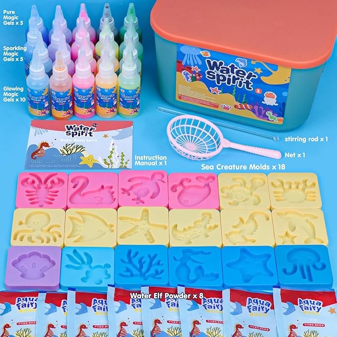 FTUREERA Glowing Magic Water Elf Toy Kit, Glowing in The Dark Aqua Fairy Water Elf, 20 Gels, 18 Sea Creature Molds, Squishy Maker Making Kit, Christmas Birthday Gifts, Crafts DIY for Kids