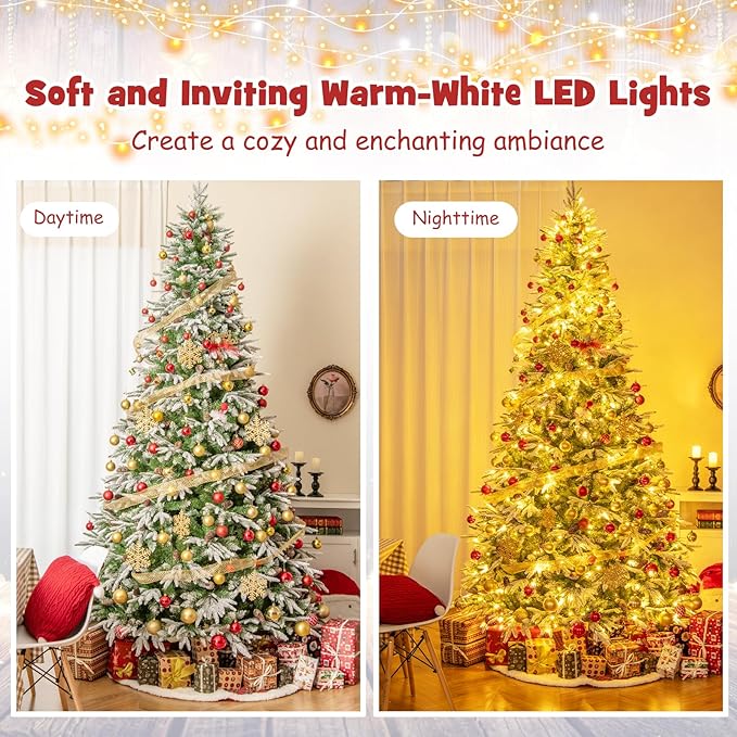 Goplus 9 FT Pre-Lit Artificial Christmas Tree, Snow Flocked Hinged Xmas Tree with 690 Warm-White LED Lights, 1871 Tips, 117 Pine Cones, Lighted Xmas Tree for Office Home Decoration