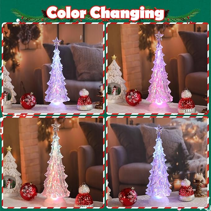 Acrylic Christmas Tree Table Decor, 14" Light up Color Changing Christmas Tree Figurine, Battery Operated Home Decorations Gift for Indoor Holiday Party Mantel Fireplace Centerpiece Decor