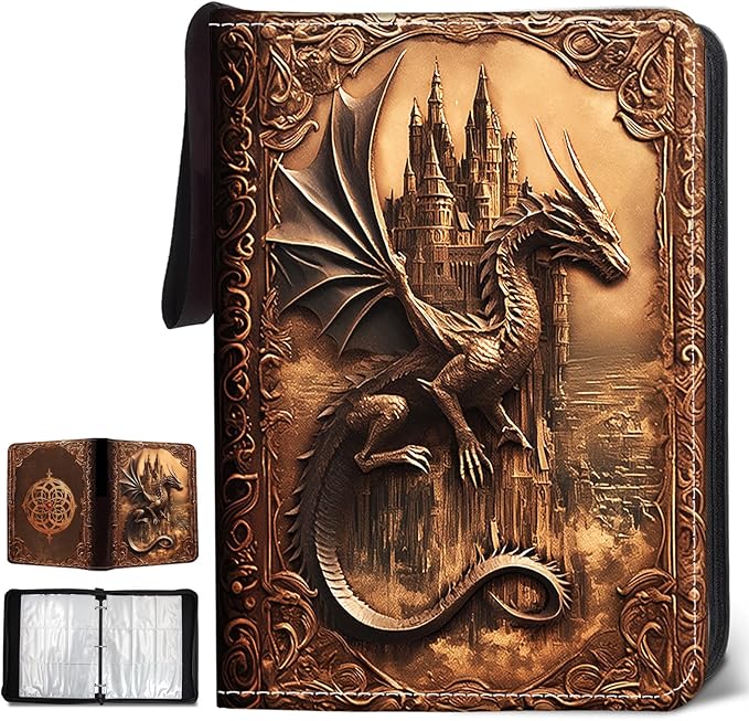 900 Pocket Trading Card Storage Album, Card Binder with 50 Durable 9-Pocket Pages, Retro Dragon Design on Pocket Card Packs, Thanksgiving Christmas Birthday Gifts for Zipper Closure Collector