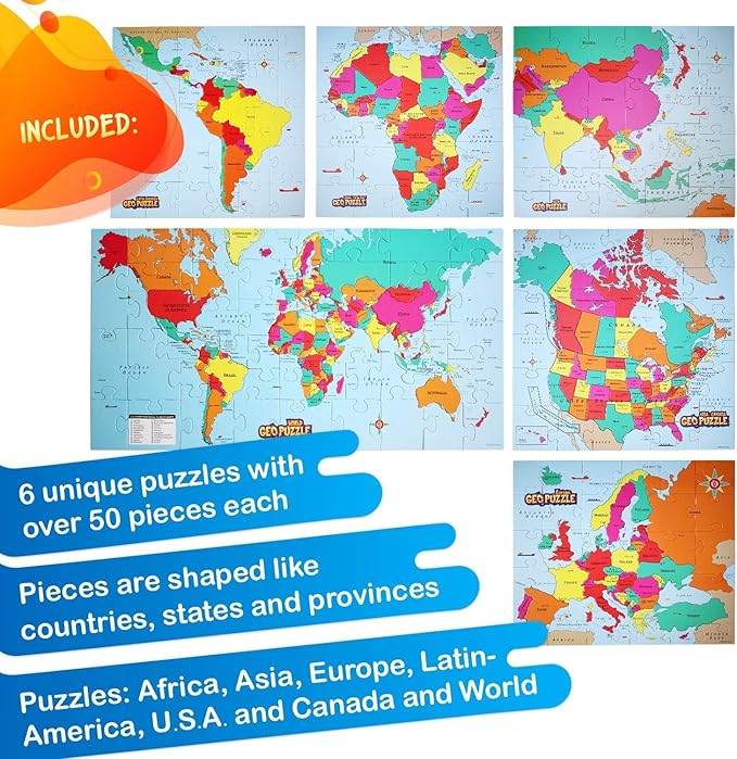 GeoToys GeoPuzzle, Country-Shaped Jigsaw Puzzles Set of 6 in One Box, Geography Puzzle, Map Puzzle, Jigsaw Puzzles for Kids Ages 6-9 Years Old