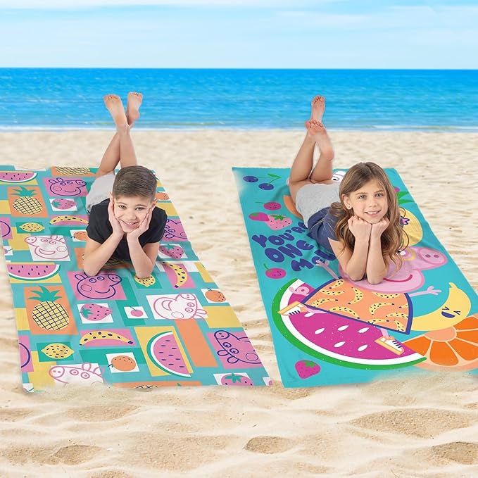 NORTHWEST Peppa Pig Beach Towel Set, 2-Pack Oversized - Soft, Fast-Drying, Sand-Free Pool Towels with Fruit Salad & One in a Melon Designs 30" x 60"
