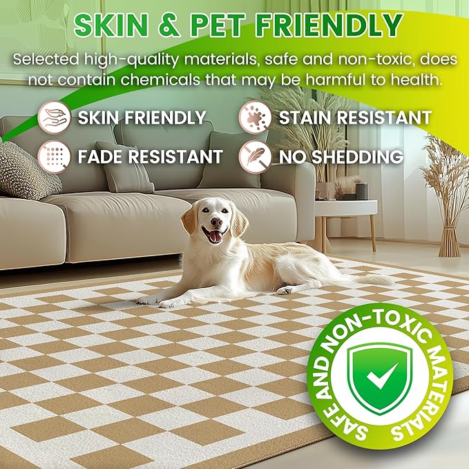 Washable 4x6 Checkered Area Rug for Living Room, Tan Brown Checkerboard Modern Boho Large Rugs, Ultra Thin Low Pile Lightweight Indoor Carpet with Non-Slip Backing for Bedroom Kids Nursery Play Room
