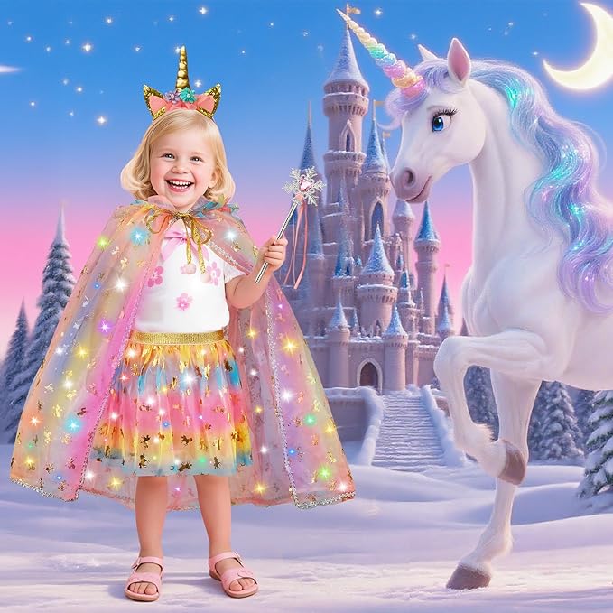 Princess Dress Up for Girls, Light Up Princess Costume Cape Set, Birthday Gifts Toys for Girls 3 4 5 6 Years Old